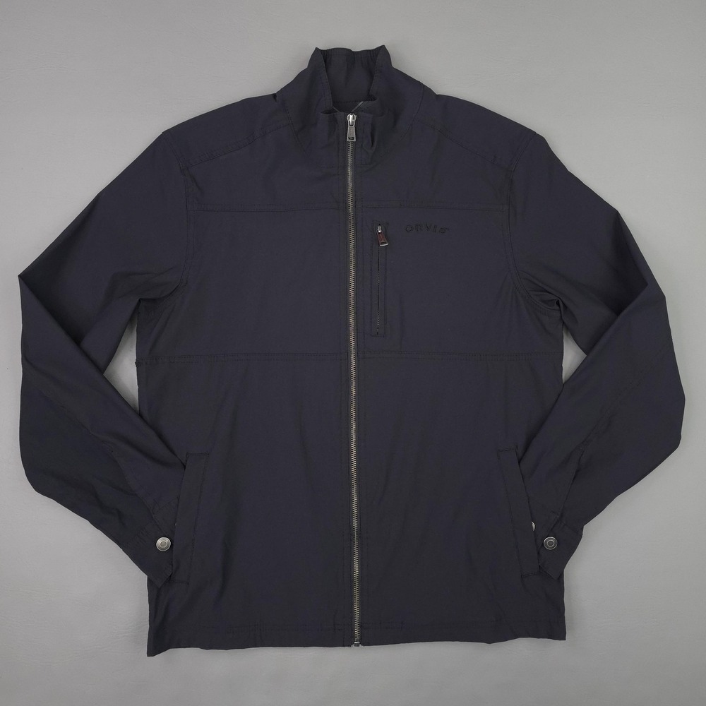 Orvis Jacket Mens Medium Navy Nylon Full Zip Plaid Lined Softshell Windbreaker